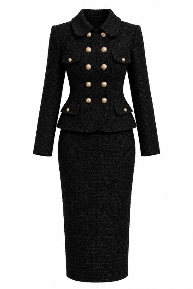 Gold Button Detailed Jacket and Midi Skirt Tweed Set