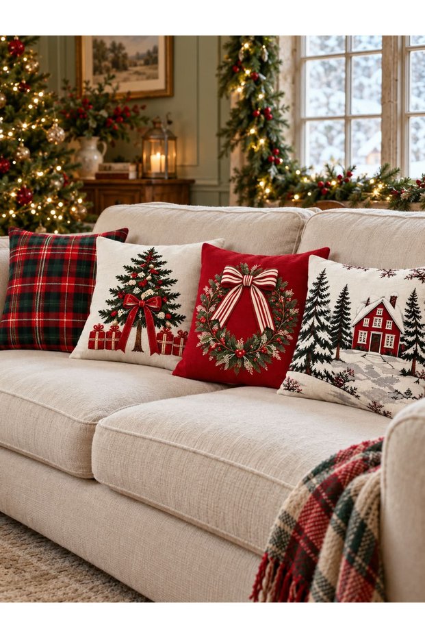 Winter Tales Christmas Concept Digital Printed Decorative Polyester 4-Piece Cushion Cover Set (Ydkr)