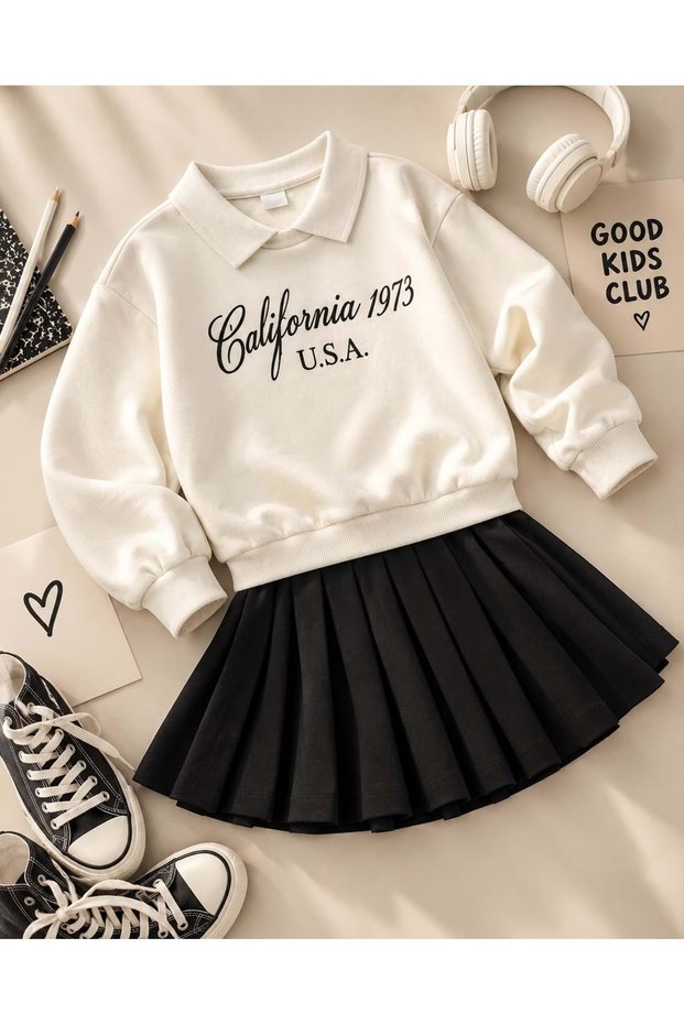 Girl's Polo Neck Sweatshirt - Skirt Trend Bottom Top Set New Season