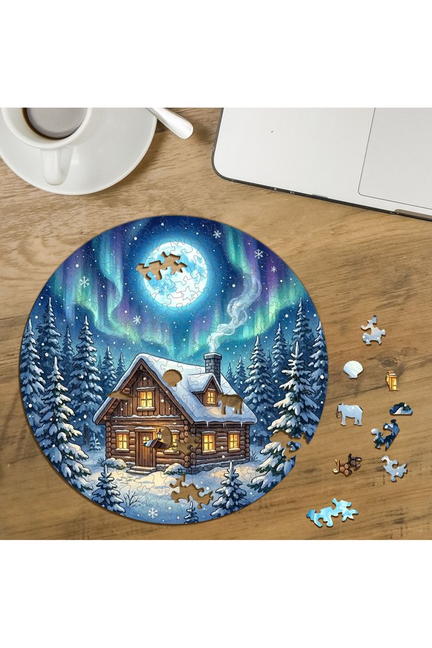 Northern Lights - Snowy Village House Design Special Cut Round 272 Piece Wooden Puzzle Mpda864
