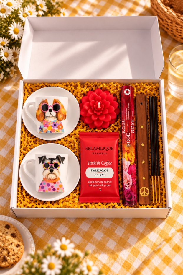 2-Piece Turkish Coffee Gift Set – Dog Patterned Cup, Coffee, Candle, and Incense Burner - Home Gift Set