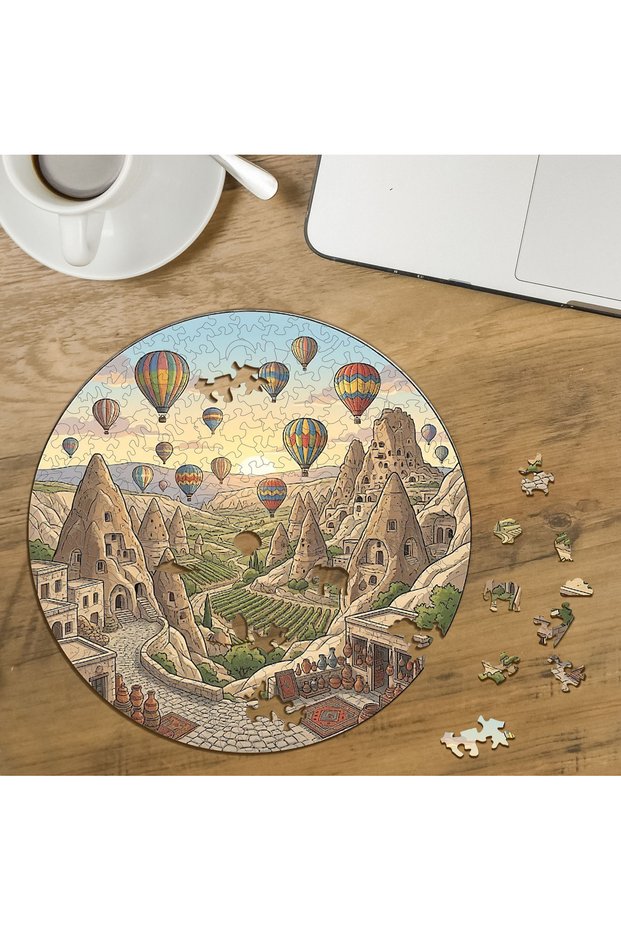Cappadocia Fairy Chimneys - Special Cut Round 272 Piece Wooden Puzzle with Colorful Balloons Design Mpda834