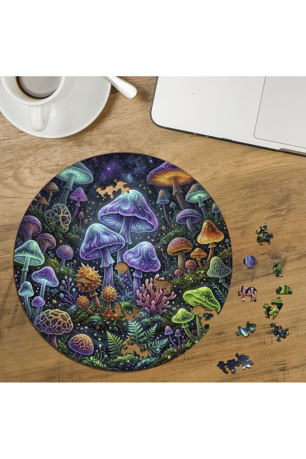 Magical Mushrooms Design Custom Cut Round 272 Piece Wooden Puzzle Mpda587