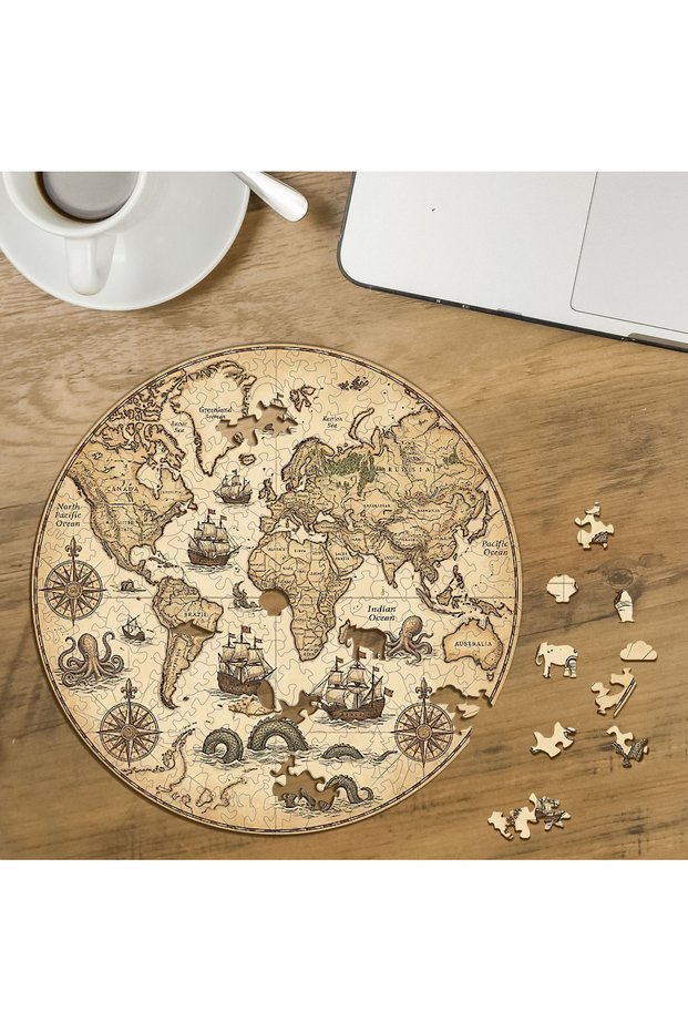 Antique World Map Design Custom Cut Round 272 Piece Wooden Puzzle Mpda791