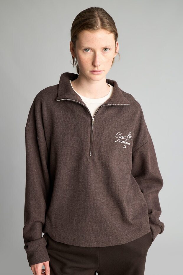 Relaxed Fit Half-Zip Embroidered Thessaloniki Fabric Sweatshirt J1456Ax26Wn