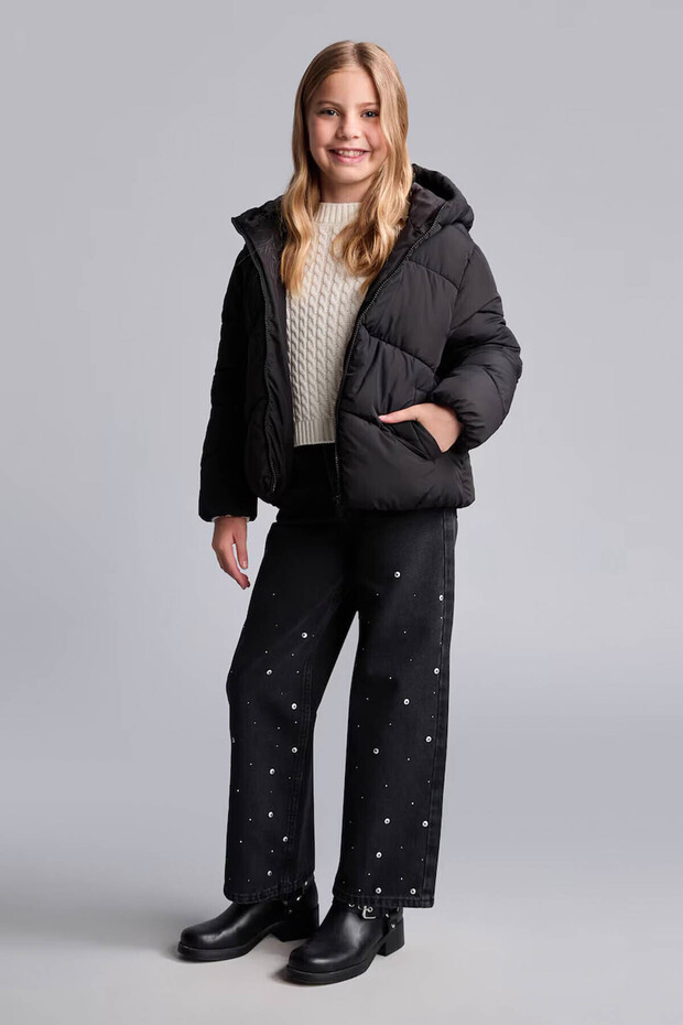 Water Repellent Hooded Black Girl's Coat C5389A8/Bk27