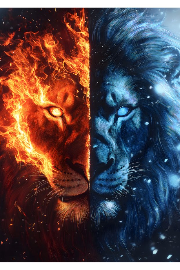 Fire and Ice Lion Face Pop Art Metal Poster - Magnetic Wall Art Print