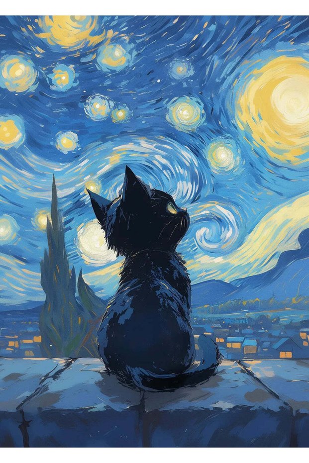 Cat Under Starry Night Pop Art Metal Poster - Magnetic Wall Art Print