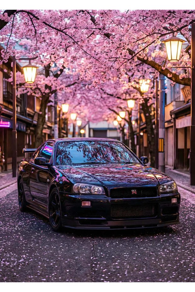 Nissan GT-R R34 Blossoms Car Metal Poster - Magnetic Wall Art Print