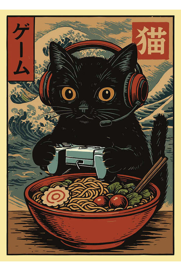 Gamer Cat with Ramen Gaming Metal Poster - Magnetic Wall Art Print