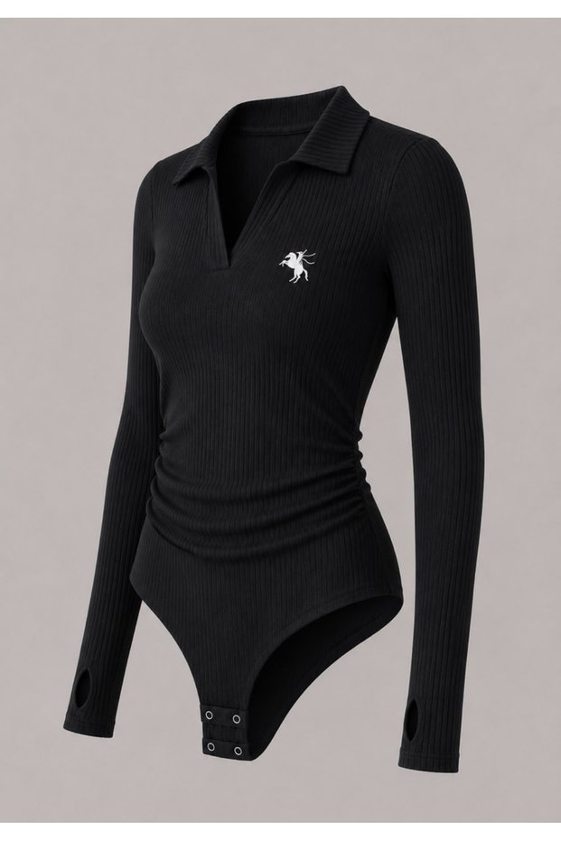 Polo Collar Embroidered Long Sleeve Bodysuit Blouse