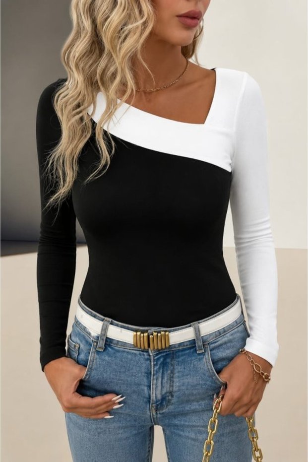 Women's long sleeve asymmetric neck detailed two-tone viscose blouse