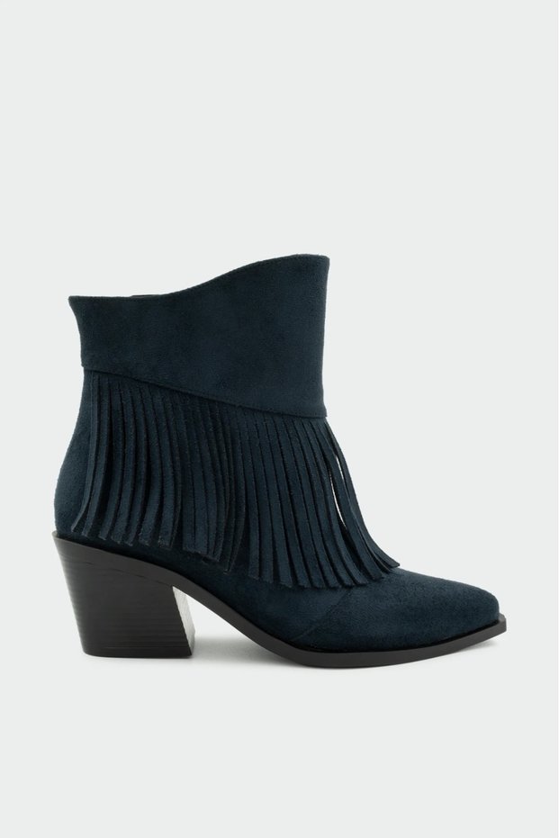 Blanka Navy Blue Suede Tassel Detailed Thick Heeled Western Women's Boots