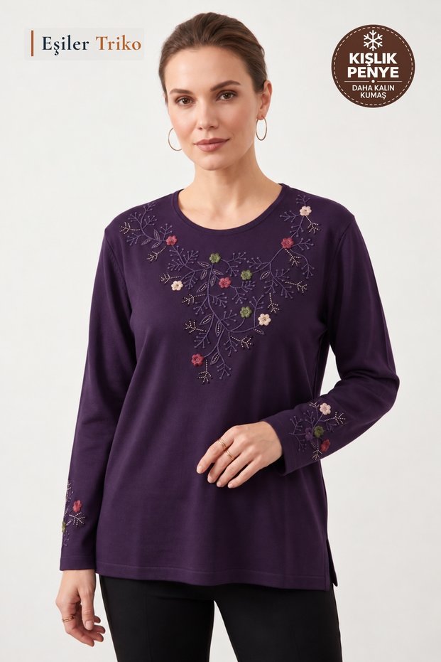 Women's Winter Heart Garden Pattern Embroidered Collar and Sleeves, Stoned Clover Fabric Mother Combed Cotton Blouse