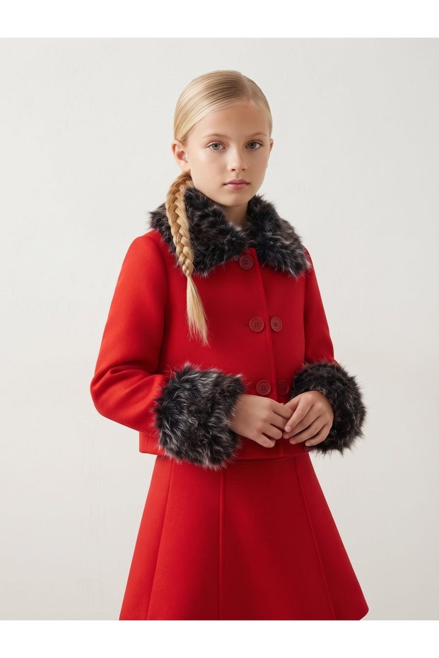 Girl's Cashmere Jacket and Skirt Set with Fur Detail on Collar and Sleeves, 2-Piece Set