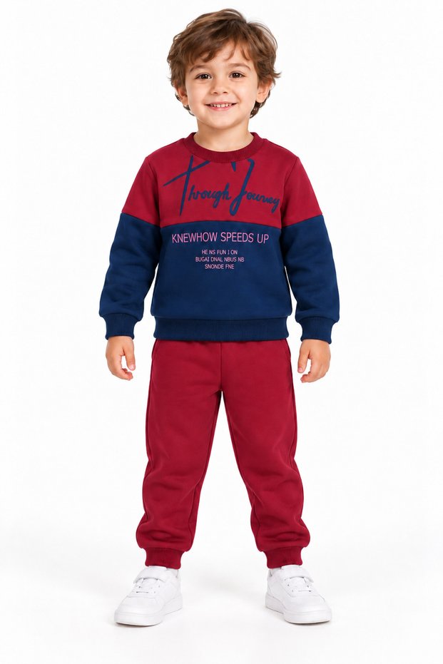 29010-26 Boy's Burgundy Navy Blue Color Block Printed Sweatshirt and Pants 2-Piece Tracksuit Set 1-4 Years
