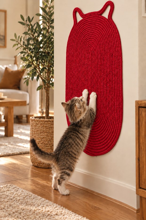 Patiloop Cat Scratching Mat 35X65 Cm, Ear-Detailed Knitted Cat Mat, Straw Jute Rope, Suitable for Home Use, Decorative Natural-Looking Cat Scratcher and Paw Play Mat, Pet Product