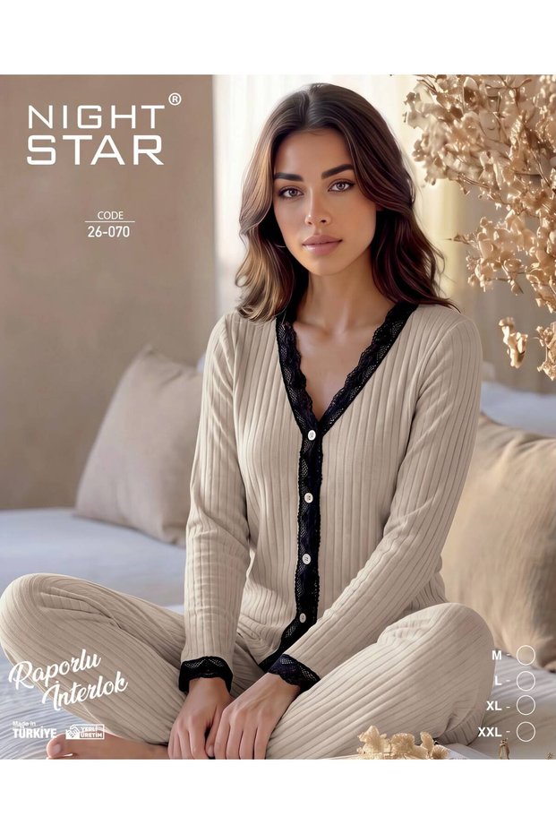 Roma Cotton Knitted Interlock Lace Beige Pajama Set