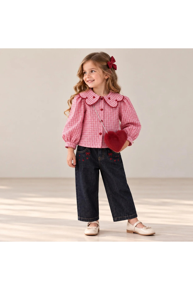 Girl's Heart Detailed Shirt&Pants&Bag Set