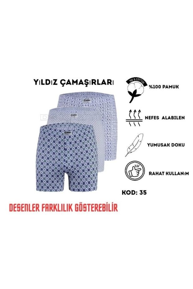 35 Men's Prime Mixed Patterned Combed Cotton Boxers 3 Pieces