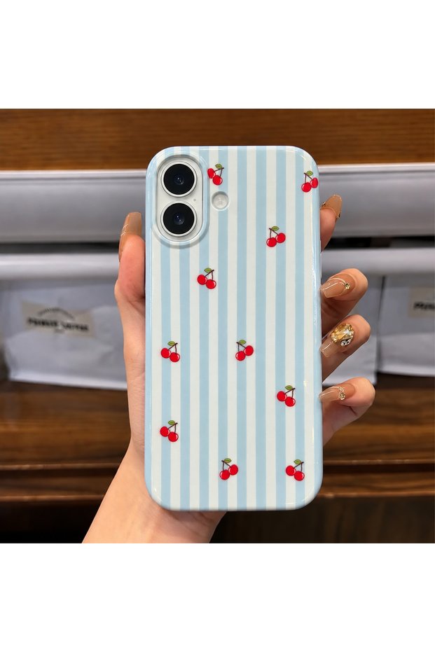 iPhone 16 Compatible Cute Phone Case with Cherry Pattern and White Stripes