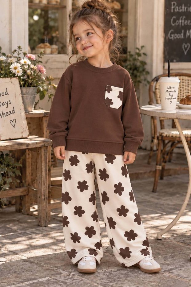 Girl's Brown Sweatshirt and Cream Floral Patterned Wide-Leg Pants 2-Piece Set