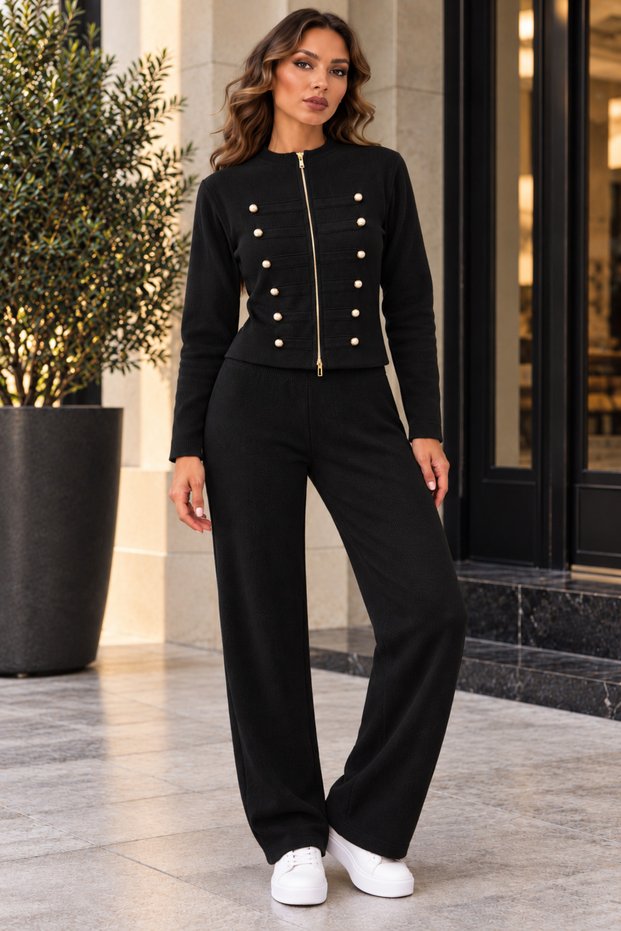 Women's Stylish Knitwear Set Sweater with Button and Zipper Accessory Detail