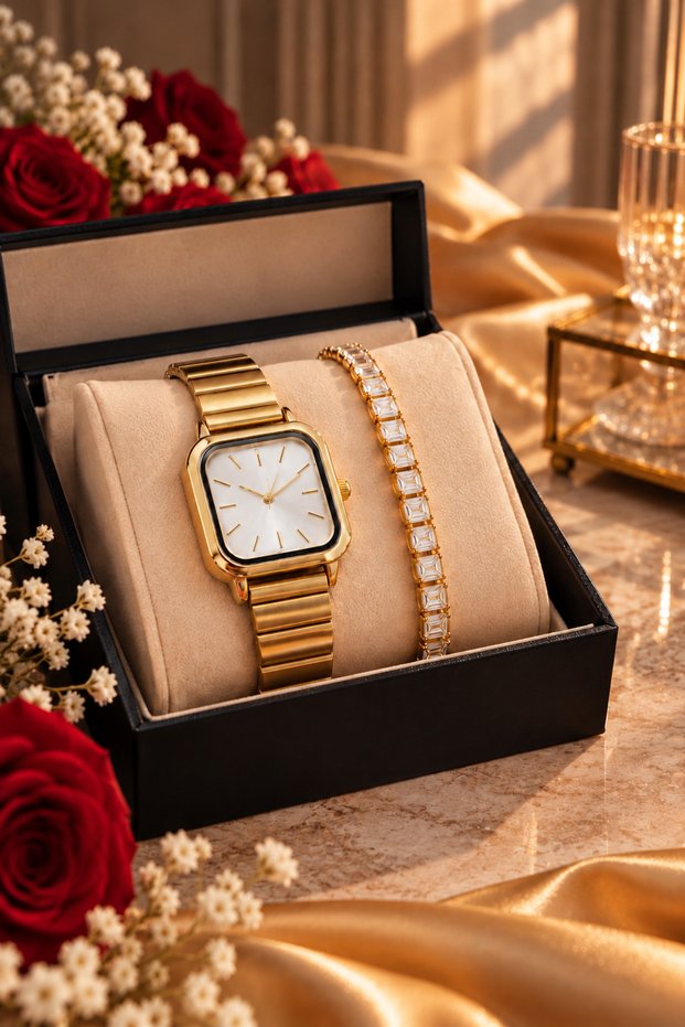 Women's Gold Color Square Dial Wristwatch and Rhinestone Bracelet 2-Piece Stylish Gift Set