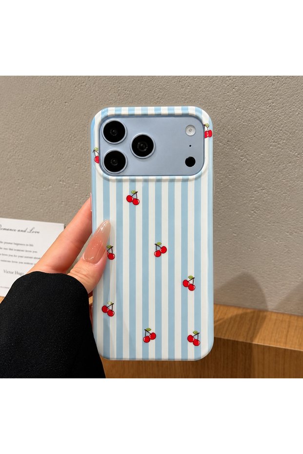 iPhone 17 Pro Max / 18 Pro Max Compatible Cherry Pattern White Striped Cute Phone Case