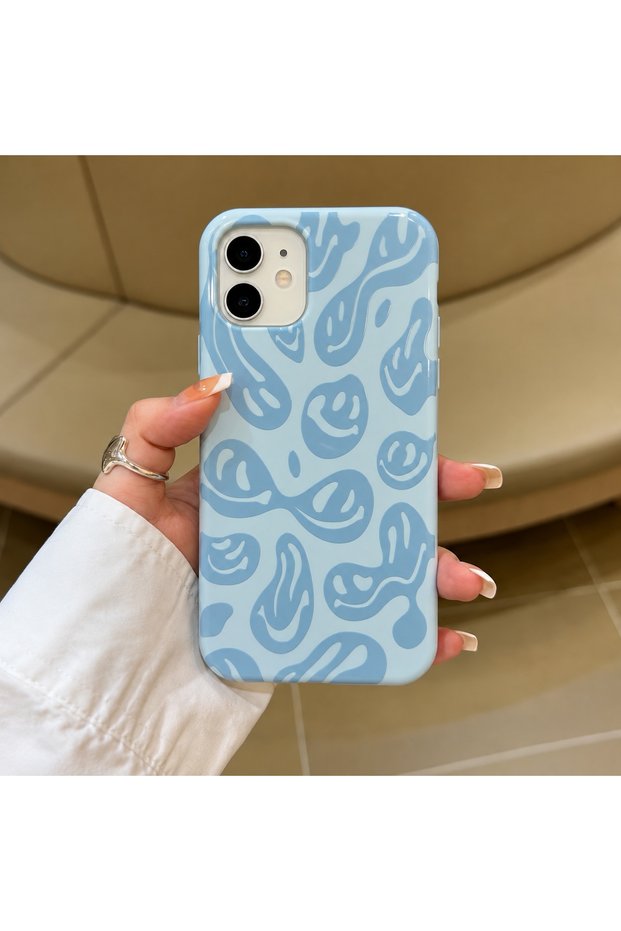 iPhone 11 Compatible Baby Blue Smiley Patterned Silicone Phone Case