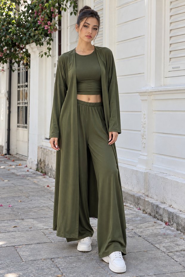 Women's Short Sleeve Crop Pants Long Cardigan Three-Piece Set