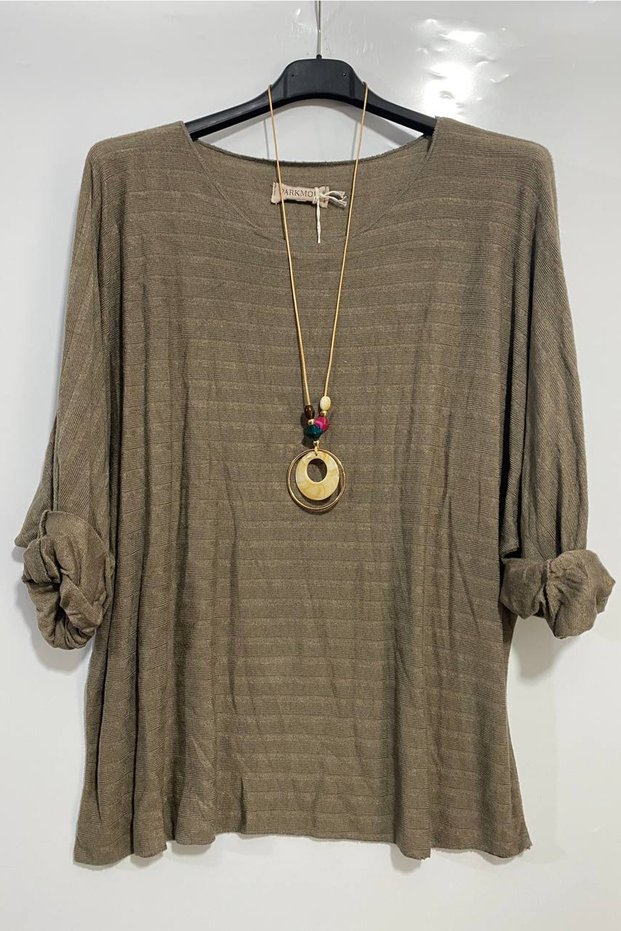 Women's Italian Round Neck Plain Knitwear Blouse with Necklace Accessory