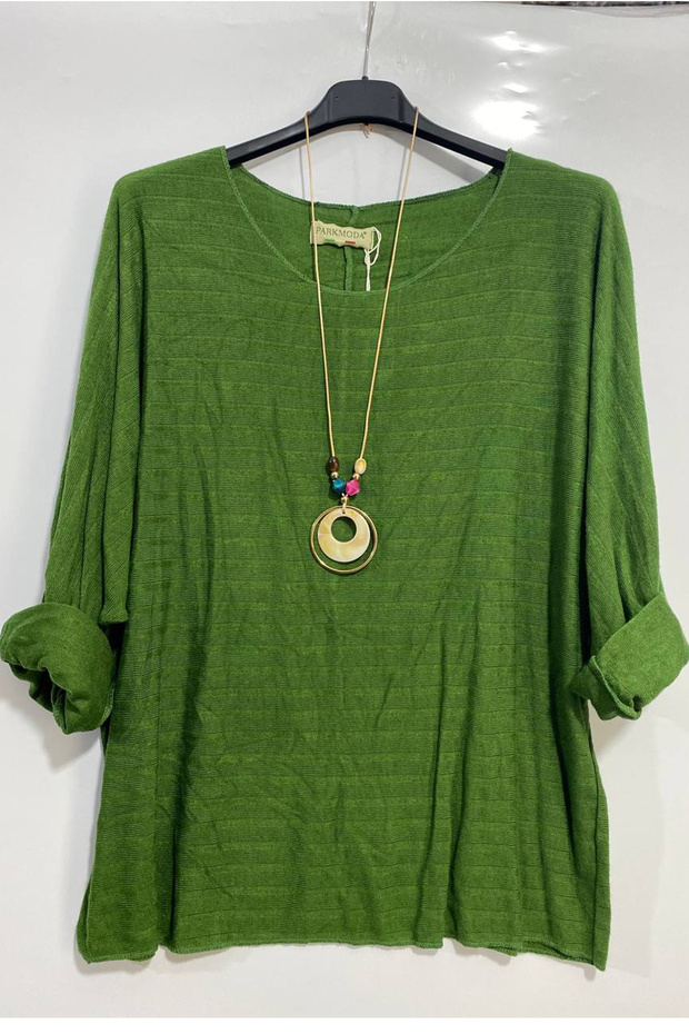 Women's Italian Round Neck Plain Knitwear Blouse with Necklace Accessory