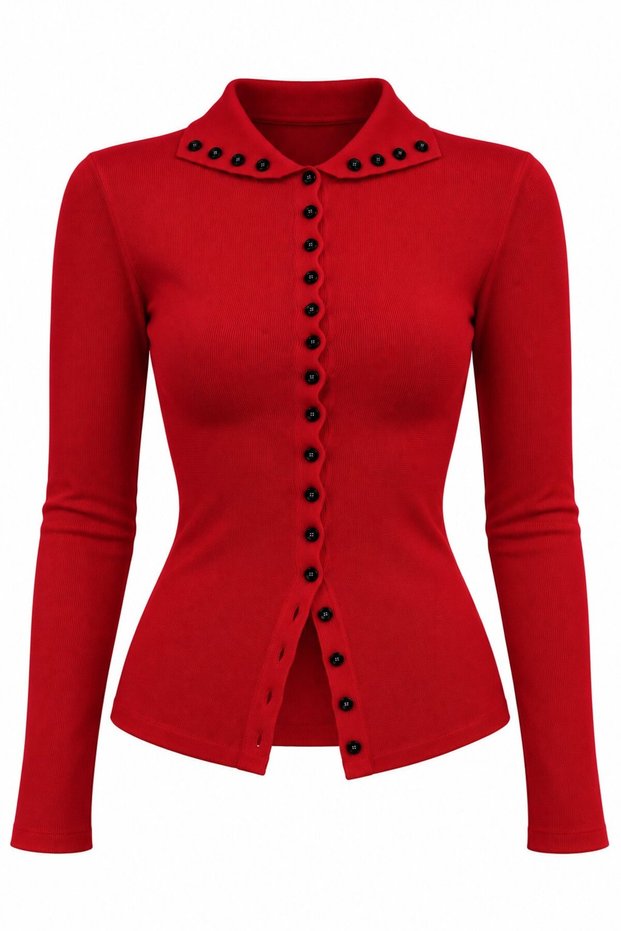 Red Buttoned Steel Knit Cardigan - 70039