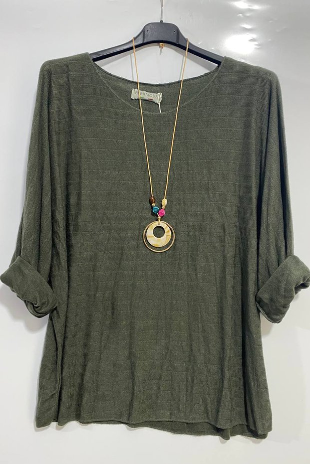 Women's Italian Round Neck Plain Knitwear Blouse with Necklace Accessory