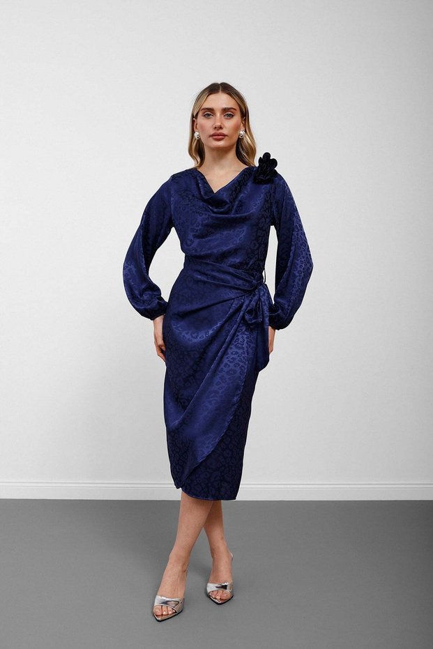 Navy Blue Degaje Collar Tie-Front Floral Detailed Midi Dress