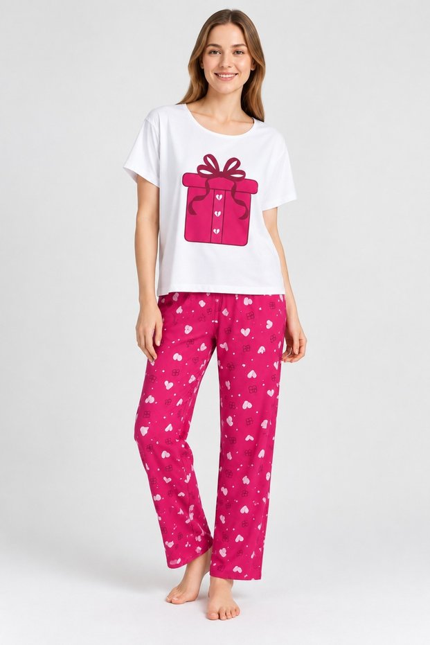 Women's Fuchsia Printed Heart Patterned Short Sleeve Cotton Pajamas Set