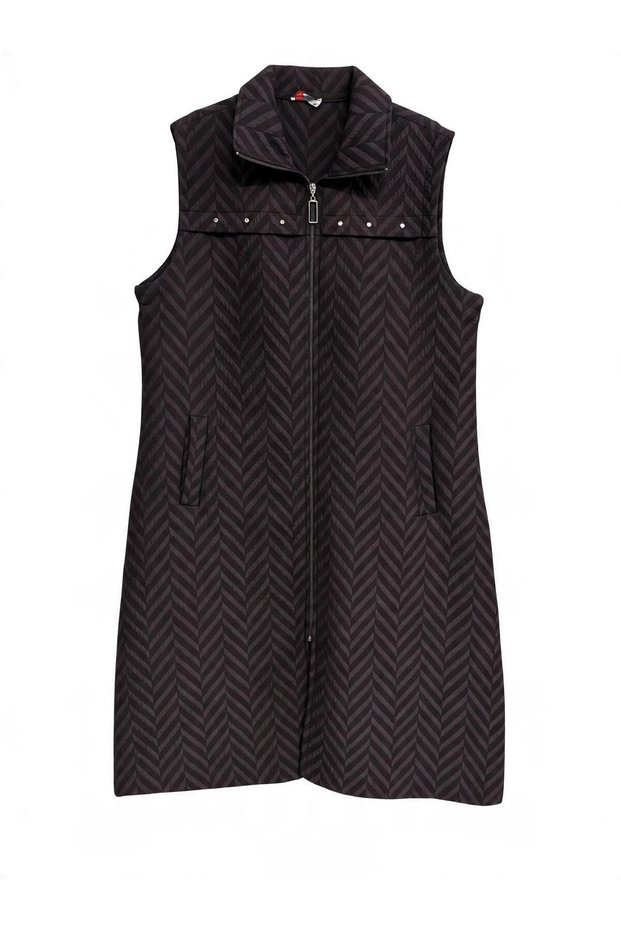 Zigzag Quilted Patterned Zippered Long Women's Vest