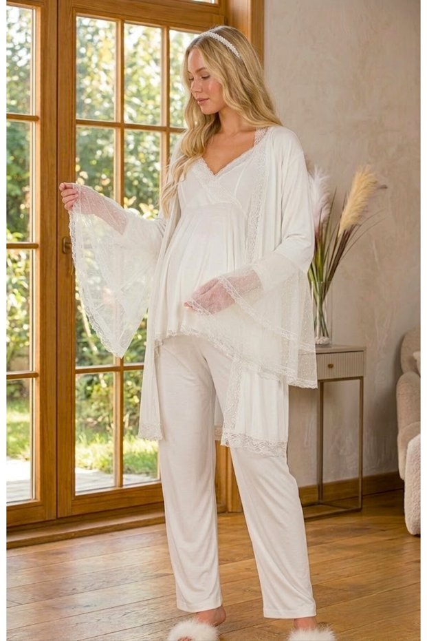 New Season Ecru Maternity Premium Lace Detailed Stylish Long Sleeve Dressing Gown Pajama Set 3-Piece Set