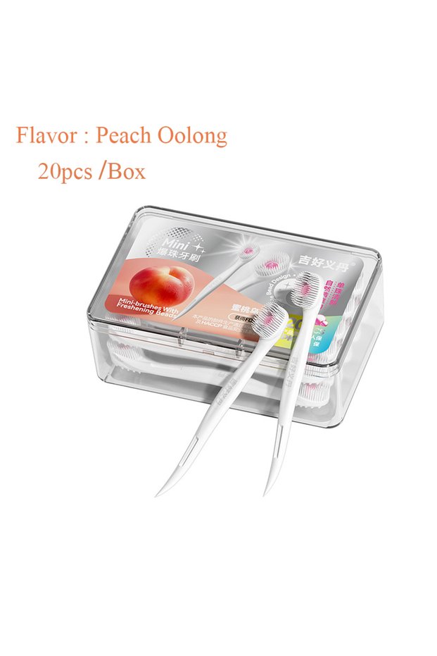 20 box Peach Oolong Mini Toothbrush With Mouth Freshener Beads&Toothpick&Tongue Scraper 4in1 Remove