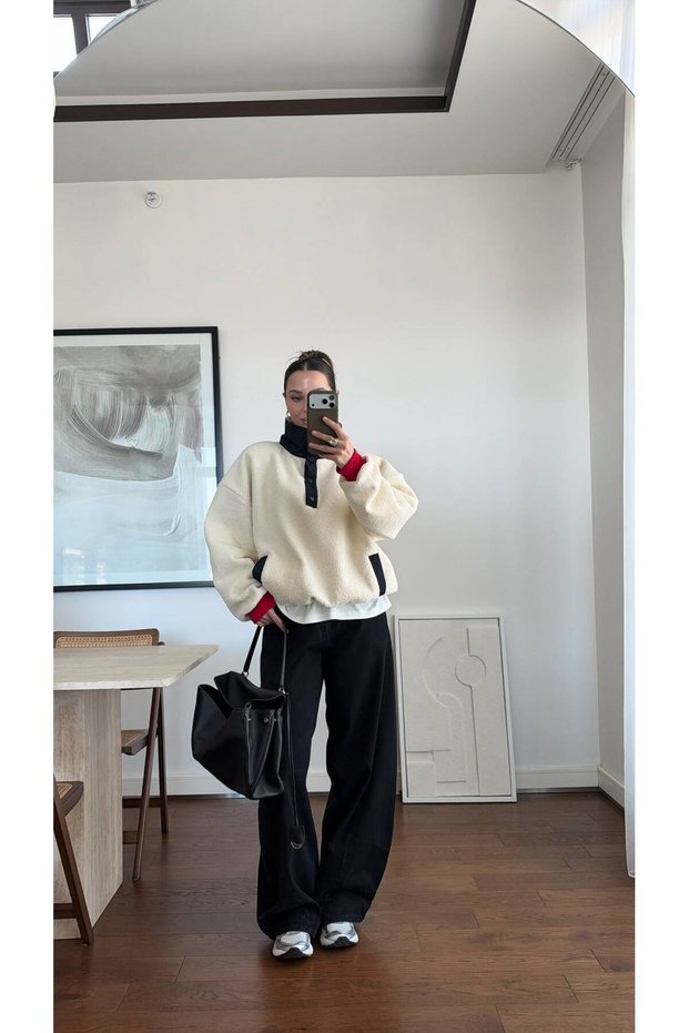Women's Cream Teddy Bear Embroidered Stand Collar Buttoned Plush Sweatshirt with Red Detail at the Cuffs and Half Placket Teddy Sweat