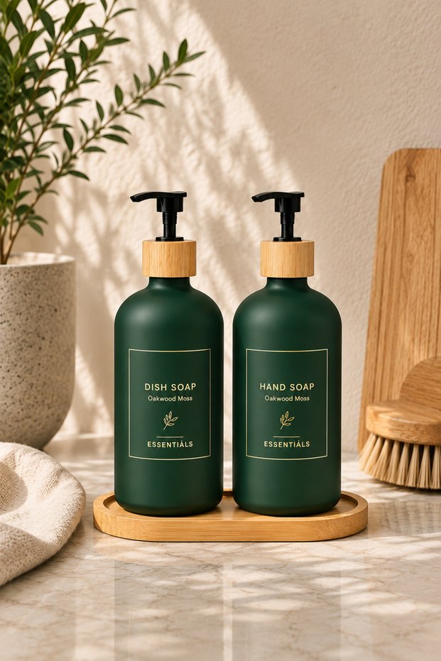 Set of 2 Pumped Liquid Soap Dispensers with Bamboo Plates for Kitchen and Bathroom Detergent Dispenser