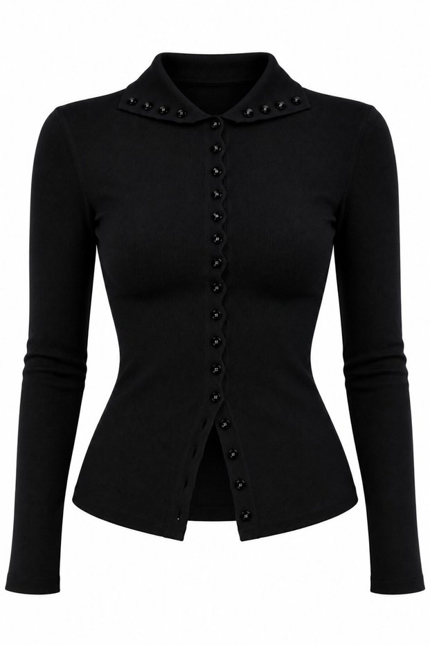 Black Buttoned Steel Knit Cardigan - 70039