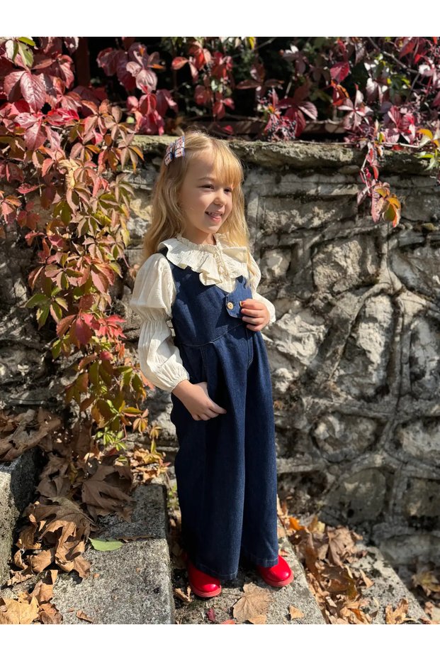 Girl's Ecru Shirt & Denim Overalls Set