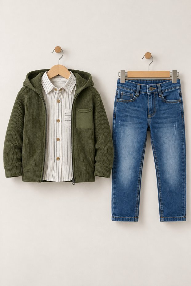 Boy's Knitwear Sweater, Hooded Shirt and Trousers 3-Piece Set for Holidays