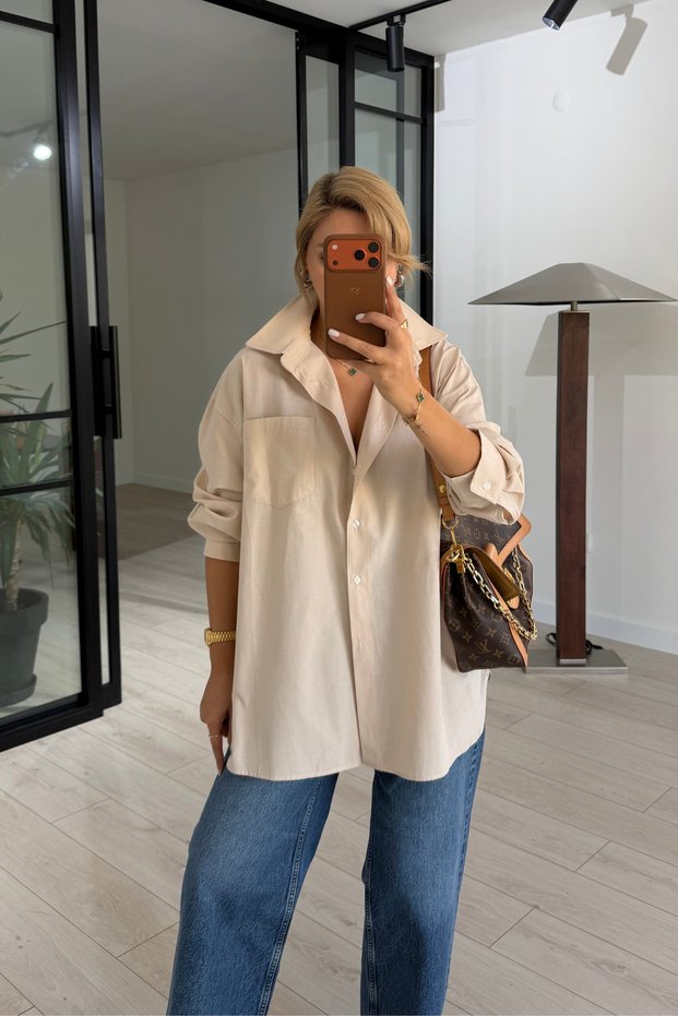 Pocket Detail Oversize Stone Poplin Shirt