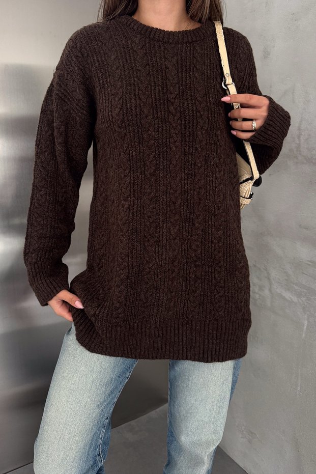 Women's Brown Knitted Crew Neck Oversize Long Sleeve Knitwear Sweater (Length 70 cm)