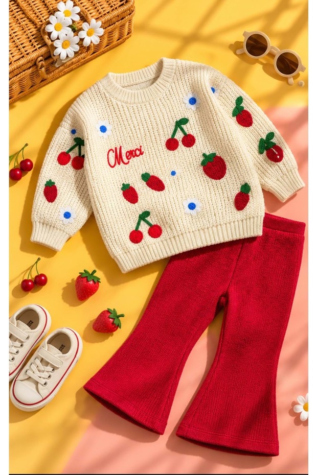 Girl's Embroidery Detailed Knitwear Sweater Spanish Leggings Top and Bottom Set - Cherry Pattern