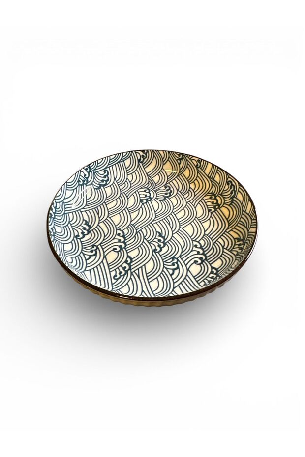 Ceramic Deep Plate with Patterned – White/Blue, Round Shape, For Serving