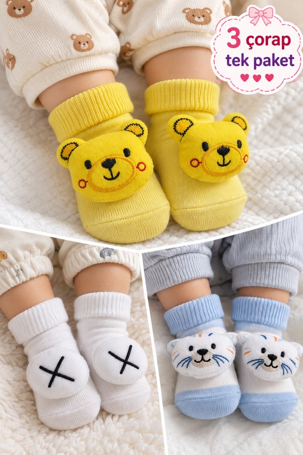 0-6 Months Figured Cotton 3-Piece Baby Boy Socks Set 396